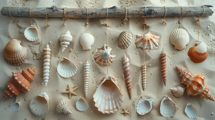 A flat lay of a DIY seashell wind chime, with various shells and driftwood pieces strung together with fishing line