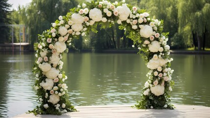 Beautiful lakeside wedding setup with floral arch at sunset.