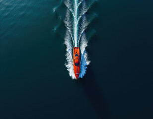 Top view of orange speedboat moving through the open water leaving white wake behind