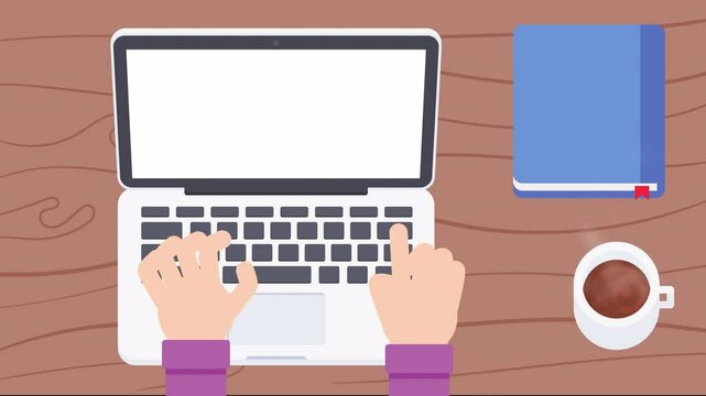 Above shot of man using laptop on table. animation video