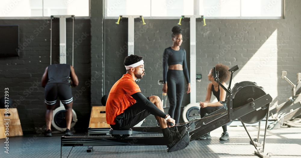 Poster Man, rowing machine and gym for fitness, exercise or training for muscle development in class. Person, challenge and equipment for routine, bench or progress for body transformation at wellness club