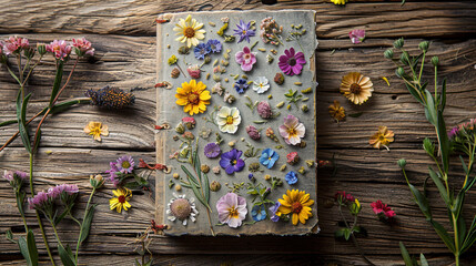 A serene image of a DIY pressed flower journal cover, with an assortment of small, colorful flowers carefully pressed and arranged under a clear protective layer. 