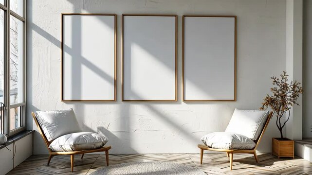 Modern interior design with empty frames and cozy seating in a bright, airy room