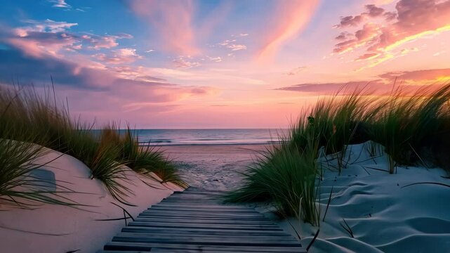 Stunning sunset at the beach with tranquil dunes and colorful sky near the shore