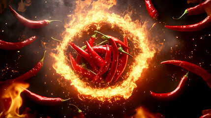 collection of hot red chili peppers surrounded by a ring of fire, emphasizing their fiery heat and bold flavor