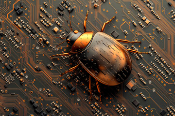 The metallic bug crawling on the electronic circuit as a symbol of computer virus.