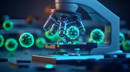 Microscope Examining Green Cells in a Lab