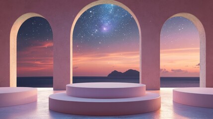3D white cylindrical podium with Surreal architecture with arched window,curtain,pool,interior design of empty space,exhibition gallerydisplayProduct presentation realistic podium or platform.