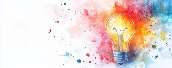 watercolor innovation scene with lightbulb concept, blockchain technology elements, clean copyspace, modern and vibrant colors