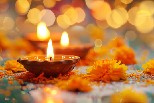 Diwali, indian holiday, Hindu festival of lights, religious celebration at the month of Ashvin, candle light and bokeh