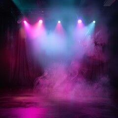 Naklejka premium Empty dark stage, neon spotlights, smoke texture background, fog stage interior, showroom