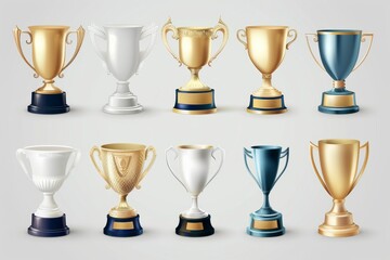 Trophy cups, golden goblet, silver reward, champion bowls. Contest winner award collection, prize cup
