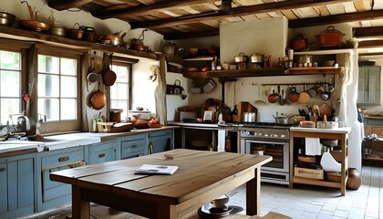 Charming rustic kitchen showcasing cooking utensils with spacious table in the foreground inviting creativity