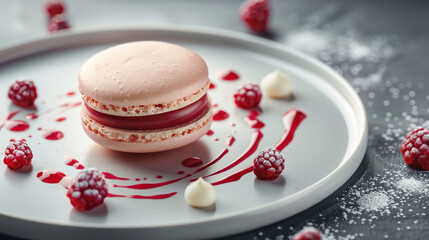 A minimalist dessert plate with a single, perfectly shaped macaron, surrounded by artful splashes of fruit pur?(C)e and small dots of chocolate ganache, on a glossy white plate.