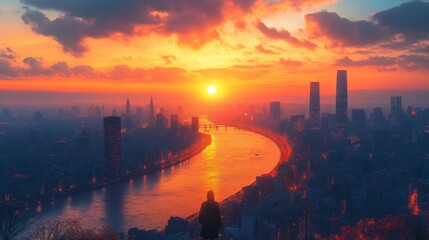 Naklejka premium Majestic Sunset View of a City Skyline Overlooking a Winding River, Capturing the Beauty of an Urban Landscape at Dusk
