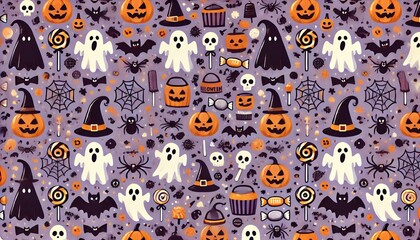 ハロウィンのおばけとかぼちゃ、紫の背景