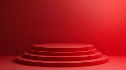 Obraz premium Red velvet curtain drapes on a white stage backdrop with a spotlight illuminating a red carpet podium for a glamorous theatre performance