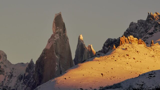 Zoom-in view of iconic Cerro Torre and mount Egger peaks in Southern Patagonia. Los Glaciares National Park, Argentina