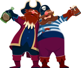 Two cartoon old pirates or corsairs, drunk characters with rum bottles, vector personages. Pirate sailors hugging drunk or boatswain corsair and filibuster men in tricorne hat with eyepatch and skull