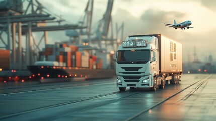 Naklejka premium AI-controlled supply chain systems for global trade: Ships, trucks, and planes transporting goods autonomously, guided by AI.