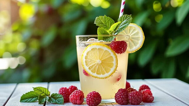 Refreshing raspberry lemonade with fresh mint and lemon slices outdoors in sunny garden setting