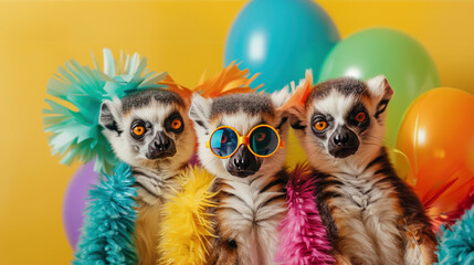 Lemurs in Colorful Outfits, A vibrant birthday party banner featuring a lively group of lemurs dressed in mismatched outfits, set against a bright background with ample copy space.