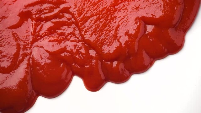 Ketchup isolated on white background, tomato sauce border design, top view. Natural tasty Ketchup dripping down over white background, closeup, slow motion 