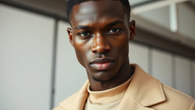 Close Up Portrait of Hansome Black Man in Tan Coat