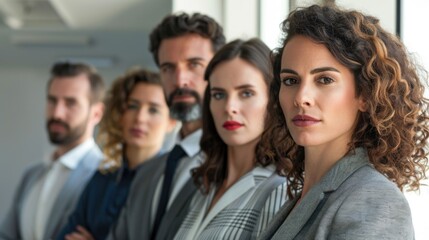 Fototapeta premium Professional group of individuals in business attire posing for the camera, suggesting corporate professionalism and teamwork.