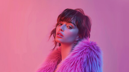 Chic Elegance in Violet, A fashion editorial featuring a stunning woman adorned in a luxurious purple fur coat, exuding glamour and sophistication with dynamic lighting and ample text space.