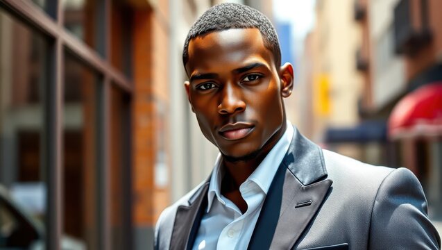 Confient Black Man in Suit  Urban Sett  Portrait