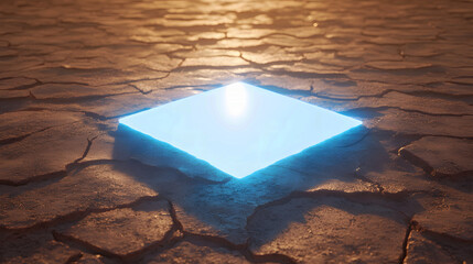 glowing blue square levitates above a cracked desert floor, casting long shadows and giving a sense of mystery in the vast