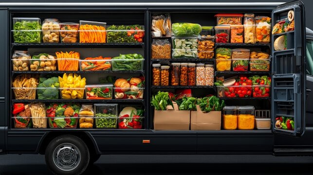 A mobile grocery van filled with fresh produce, grains, and packaged goods, showcasing a variety of colorful food items.