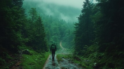 A lone hiker walks down a misty forest path.
