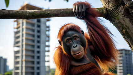 Obraz premium Borneo Orangutan Portrait on Tree with New Capital Construction Background