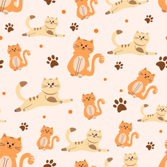 Vector pattern with the image of red and beige cats on light pink background