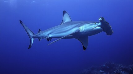 Fototapeta premium A hammerhead shark swims in the deep blue ocean, its head shaped like a hammer.