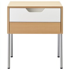 Obraz premium A simple wooden nightstand with one drawer and metal legs for storage and organization.
