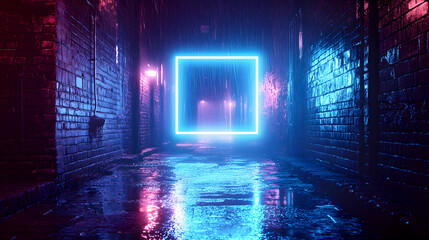 glowing square frame illuminated by vibrant blue light hovers in a dark, rain-soaked alley, reflecting off the wet pavement