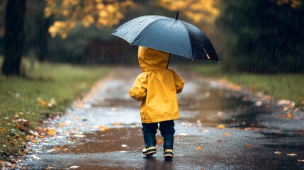 Obraz premium A child in a yellow raincoat walks along a wet path in the autumn rain, holding an umbrella over their head.