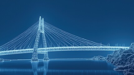 Wireframe blueprint design of a modern suspension bridge