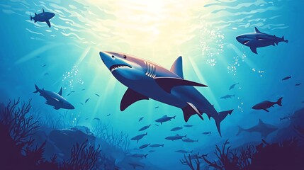 Obraz premium A school of sharks swim through a coral reef with sunbeams shining down on them.