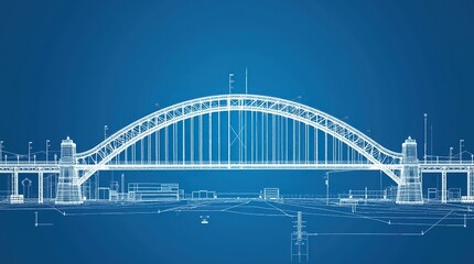 Fototapeta premium Wireframe blueprint of modern bridge on blue background