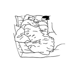 Esquisse noir et blanc d'un couple qui dort dans un lit vu de haut. Dessin à la main noir et blanc minimaliste. 