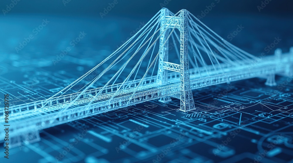 Wall mural wireframe blueprint of a modern suspension bridge on blue background