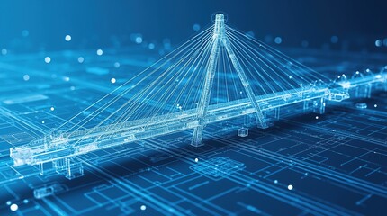 Fototapeta premium Modern bridge wireframe conceptual blueprint on blue background