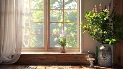 A window with a vase of flowers on a wooden table. The sunlight is shining through the window, creating a warm and inviting atmosphere