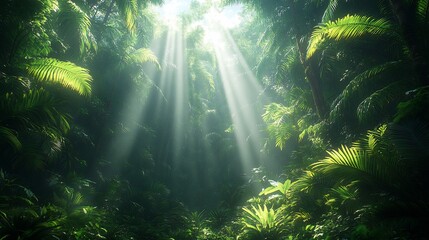 Photorealistic image of a dense rainforest with vibrant green leaves towering trees and soft rays of sunlight breaking through the canopy highlighting the lushness of the jungle