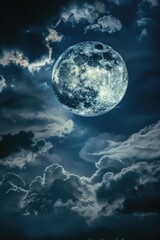 Fototapeta premium A large, bright moon is shining through the clouds on a dark night. Scene is serene and peaceful, as the moon's light illuminates the sky and casts a soft glow on the clouds
