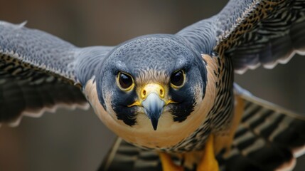 A falcon is flying with its head up and looking at the camera. The bird has a yellow beak and yellow eyes